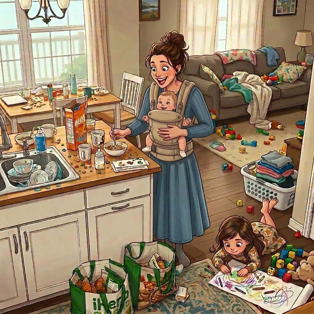 Mother holding baby in carrier preparing breakfast with toddler drawing on floor surrounded by toys and household clutter