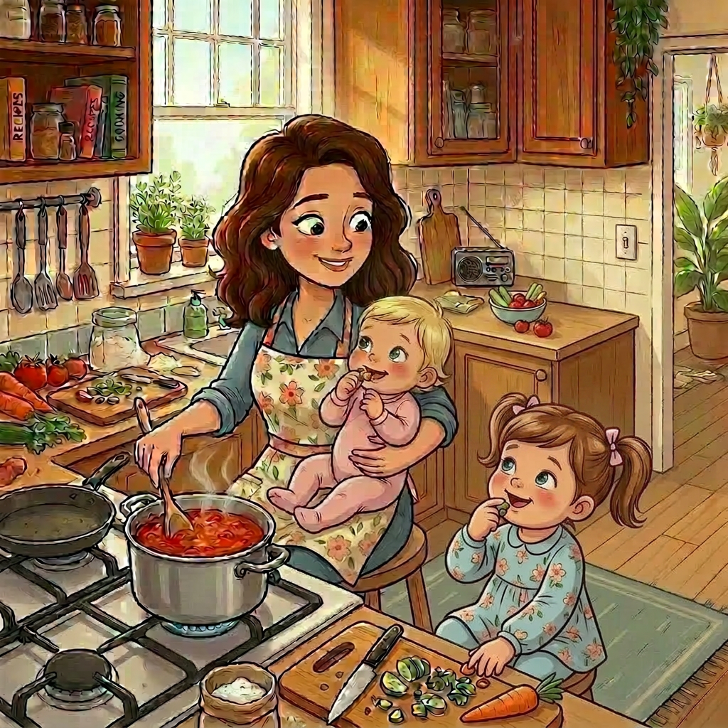 Mother stirring pot on stove holding baby with toddler eating at kitchen step stool