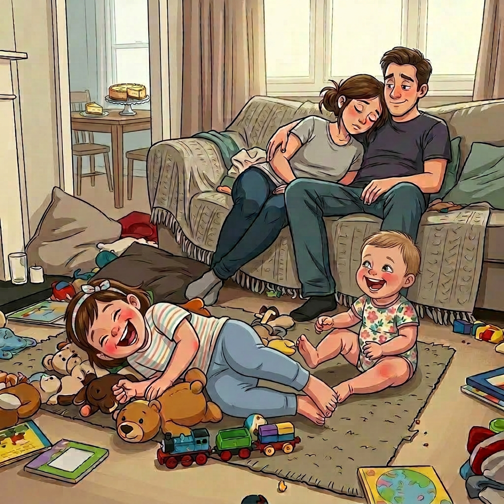 Parents sitting on a couch looking tired while two young children play with toys on the floor