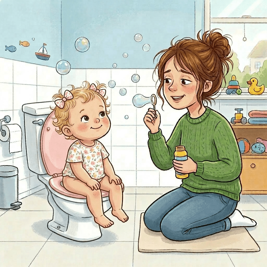 Toddler sitting on a red whale-shaped potty chair while mother blows bubbles nearby in bathroom