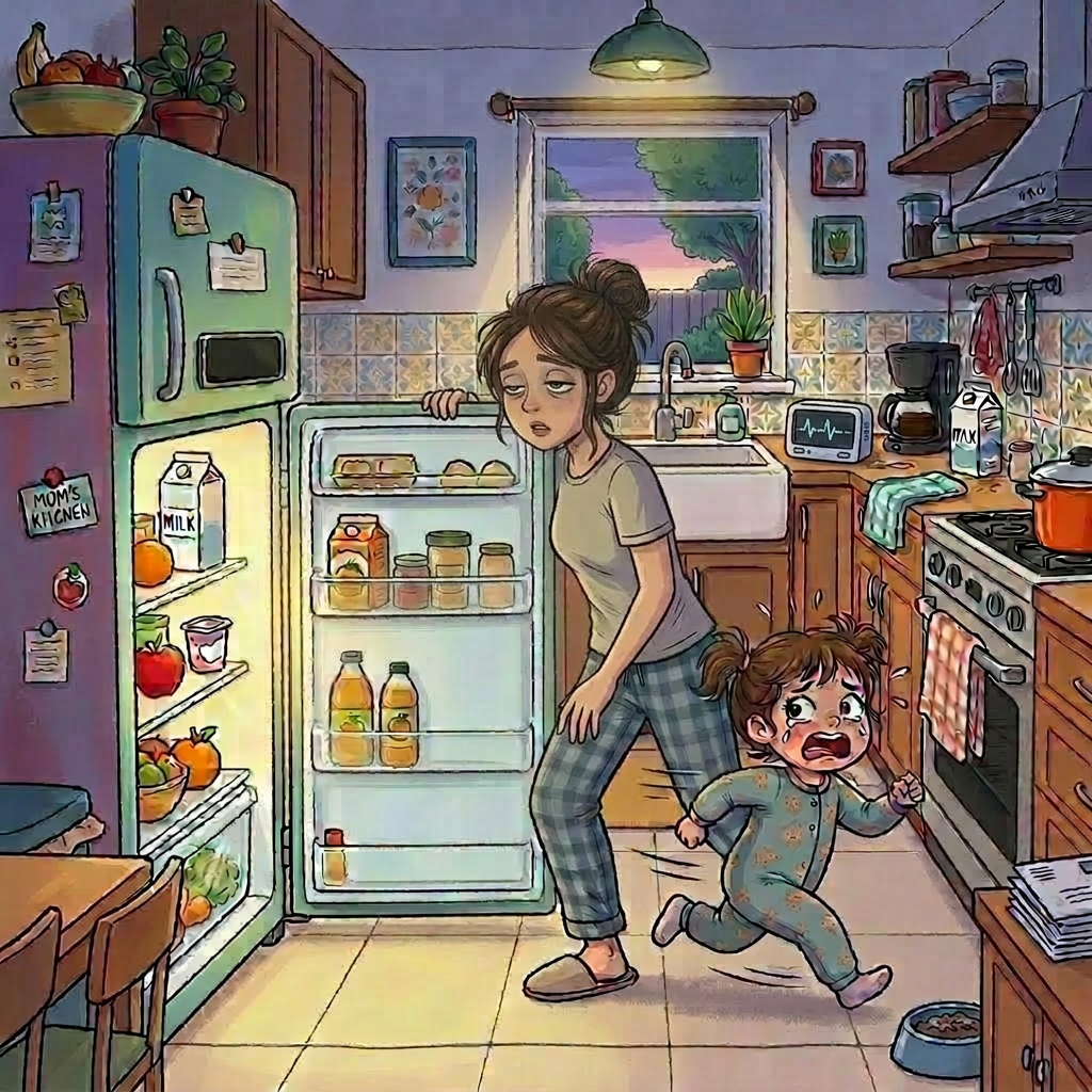 Toddler holding a juice bottle in front of an open refrigerator with door alarm beeping, woman kneeling beside him.