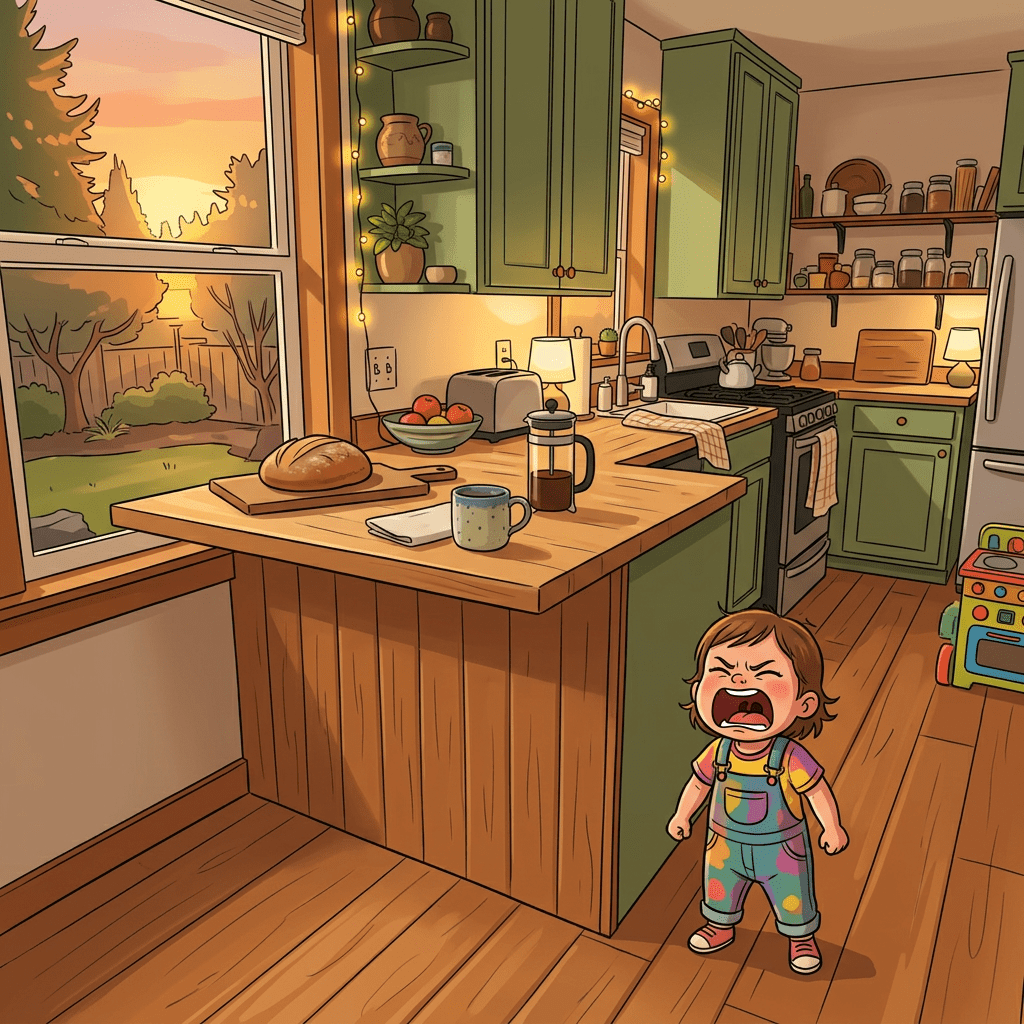 Kitchen countertop with bread, coffee press, two backpacks, and a dog lying in a bed on the wooden floor