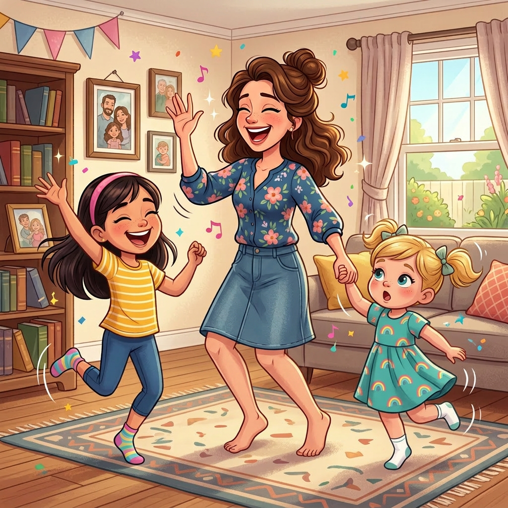 A mother dancing with her two young daughters in a cozy living room