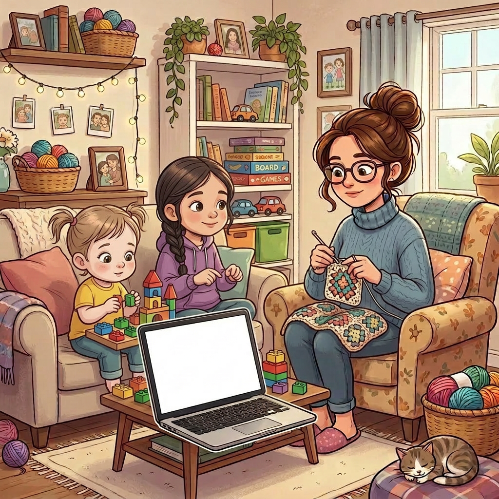 Three people crocheting and using a laptop in a cozy living room with yarn baskets and plants