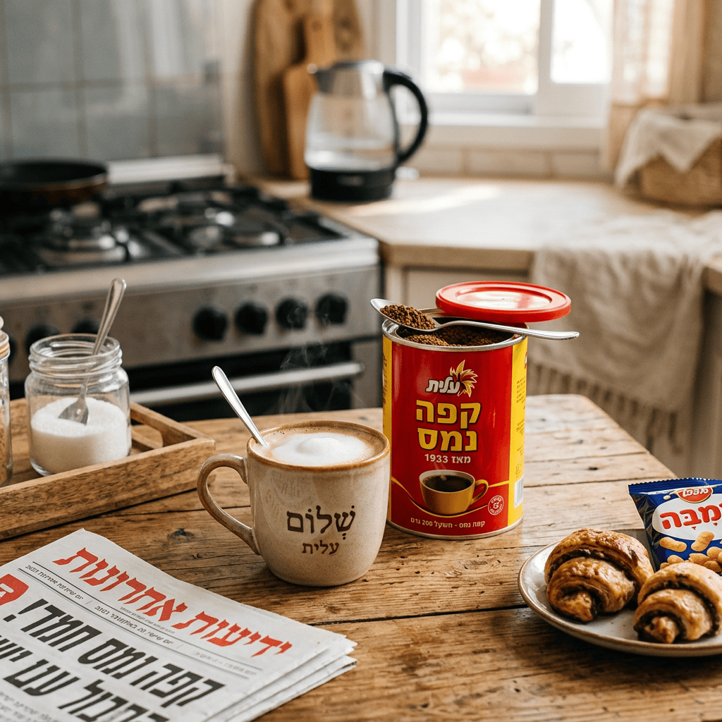 Kitchen table with coffee mug labeled שלום עלית, Elite instant coffee can, pastries, snack package, sugar jar, and Hebrew newspaper.