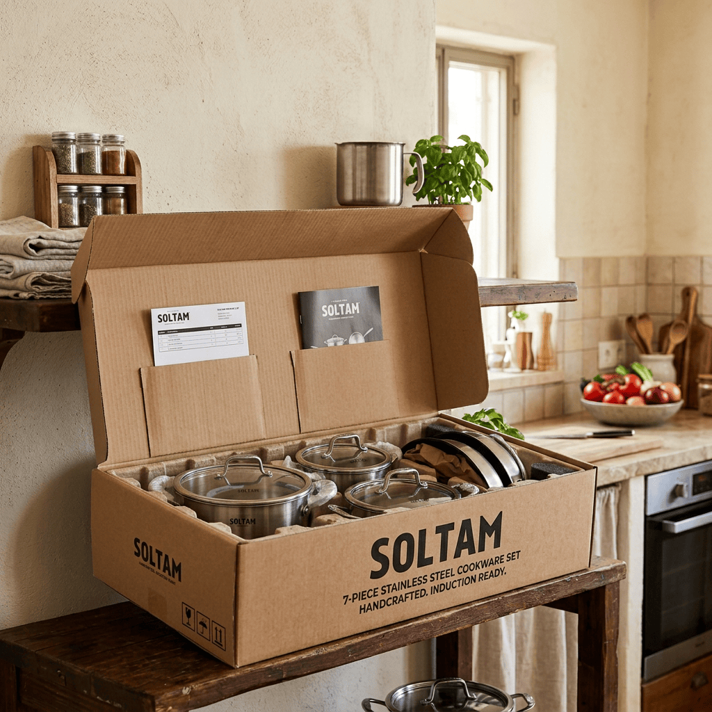 Open SOLTAM box labeled 7-PIECE STAINLESS STEEL COOKWARE SET, HANDCRAFTED, INDUCTION READY, with pots and pans
