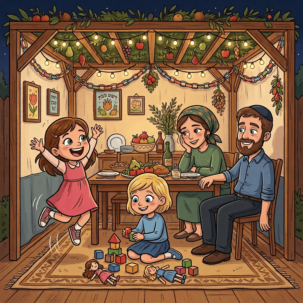 Family celebrating together inside a decorated sukkah with children playing